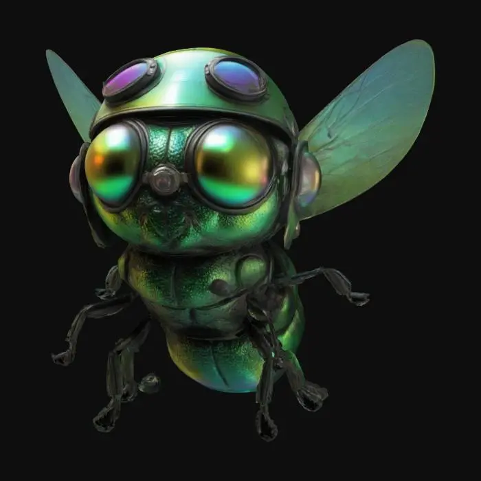 3D model for An adventurous housefly with shiny compound eyes. His body is an iridescent green, and he wears a pilot's helmet on his head. hyperdetailed. cartoon style