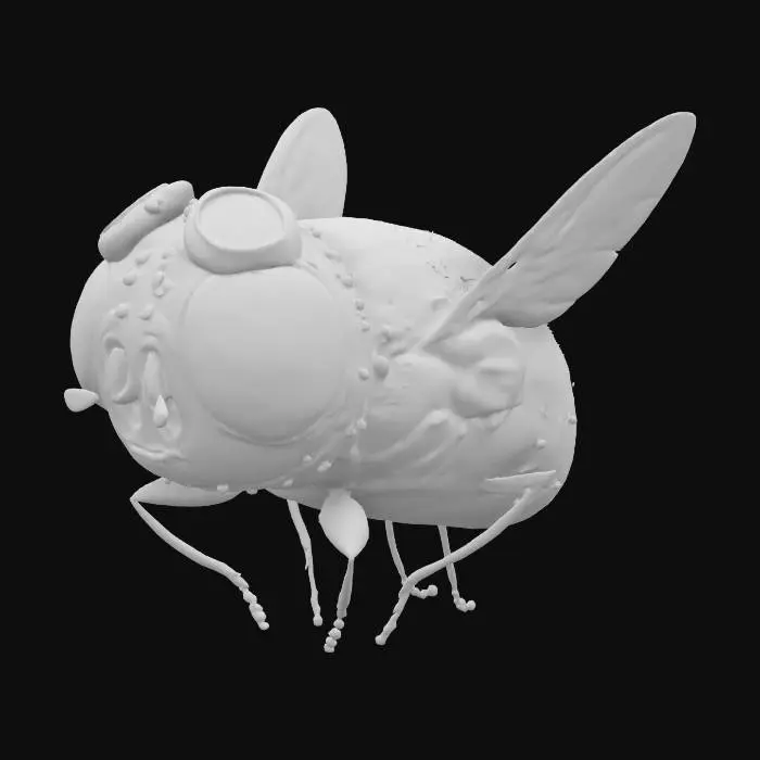 3D model for An adventurous housefly with shiny compound eyes. His body is an iridescent green, and he wears a pilot's helmet on his head. hyperdetailed. hyperrealistic.