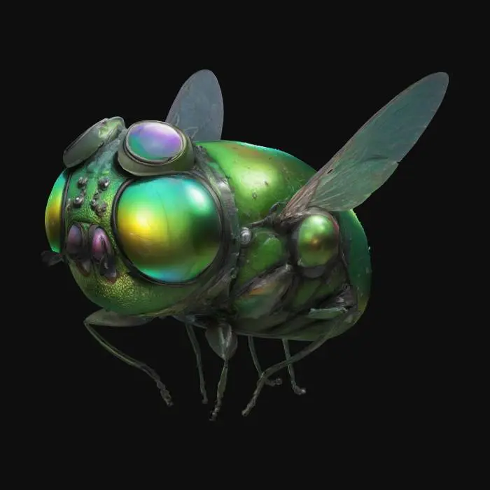 3D model for An adventurous housefly with shiny compound eyes. His body is an iridescent green, and he wears a pilot's helmet on his head. hyperdetailed. hyperrealistic.