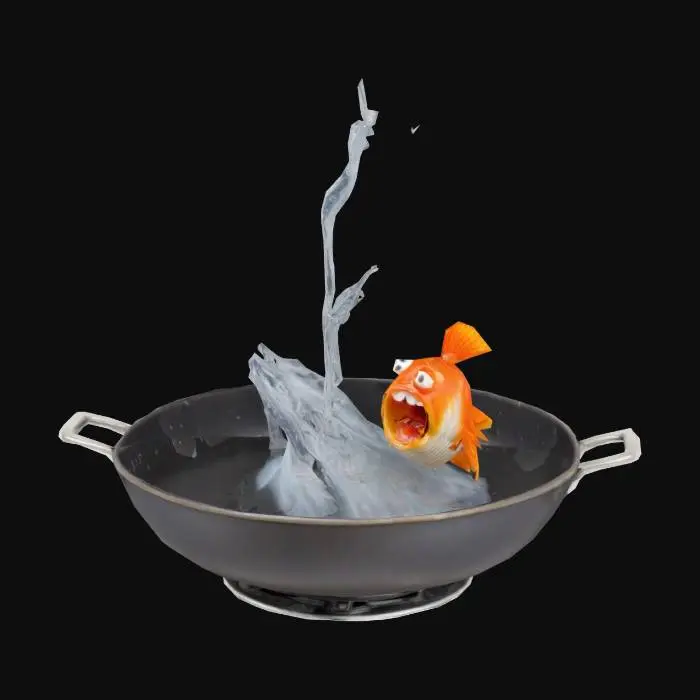 3D model for On the stove is a sizzling hot frying pan with water splashing onto its surface and a small fish figurine running across the frying pan with a screaming face, ready to run.