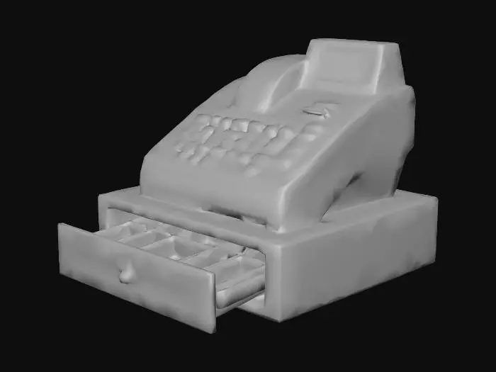 3D model for A realistic modern retail cash register with an attached cash drawer.
Designed for a small electronics / shop simulator game.

Compact size, fits on a shop counter.
Main body: matte black or dark gray plastic.
Screen: small POS display, turned off (black screen).
Keypad: simple numeric buttons, not too detailed.
Receipt printer slot visible on the top.

Cash drawer:
Front-facing drawer with a handle.
Drawer slightly open OR closed (neutral position).
Inside divided money compartments (simple, low detail).
Drawer is a separate mesh but aligned with the cash register.

Game-ready low to mid poly model.
Clean topology, optimized for Unity.
Single UV map.
PBR materials.

No logos, no brand names, no text.
No cables.
No environment, no background.
Neutral lighting.

Realistic proportions, not c