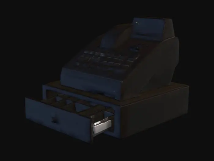 3D model for A realistic modern retail cash register with an attached cash drawer.
Designed for a small electronics / shop simulator game.

Compact size, fits on a shop counter.
Main body: matte black or dark gray plastic.
Screen: small POS display, turned off (black screen).
Keypad: simple numeric buttons, not too detailed.
Receipt printer slot visible on the top.

Cash drawer:
Front-facing drawer with a handle.
Drawer slightly open OR closed (neutral position).
Inside divided money compartments (simple, low detail).
Drawer is a separate mesh but aligned with the cash register.

Game-ready low to mid poly model.
Clean topology, optimized for Unity.
Single UV map.
PBR materials.

No logos, no brand names, no text.
No cables.
No environment, no background.
Neutral lighting.

Realistic proportions, not c