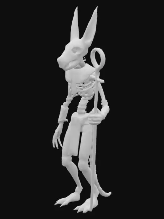 3D model for "A highly detailed ancient Egyptian monster standing upright, combining elements of a jackal, mummy, and scarab beetle. The creature has cracked, weathered stone armor inscribed with glowing golden hieroglyphs. Its face is a skeletal jackal skull with glowing green eyes and long fangs, partially wrapped in ancient linen bandages. Insect-like legs emerge from its back like scarab limbs, shimmering with an iridescent sheen. It holds an ankh-shaped staff crackling with blue energy. The monster stands on desert sand, partially buried temple ruins behind it, under a dark stormy sky. Stylized for a cinematic fantasy game — ultra-detailed textures, intricate surface carvings, and dramatic lighting.