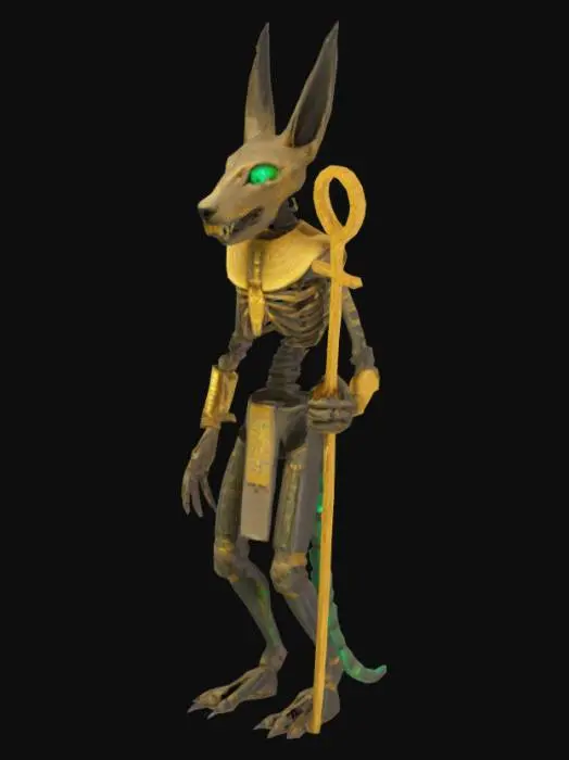 3D model for "A highly detailed ancient Egyptian monster standing upright, combining elements of a jackal, mummy, and scarab beetle. The creature has cracked, weathered stone armor inscribed with glowing golden hieroglyphs. Its face is a skeletal jackal skull with glowing green eyes and long fangs, partially wrapped in ancient linen bandages. Insect-like legs emerge from its back like scarab limbs, shimmering with an iridescent sheen. It holds an ankh-shaped staff crackling with blue energy. The monster stands on desert sand, partially buried temple ruins behind it, under a dark stormy sky. Stylized for a cinematic fantasy game — ultra-detailed textures, intricate surface carvings, and dramatic lighting.