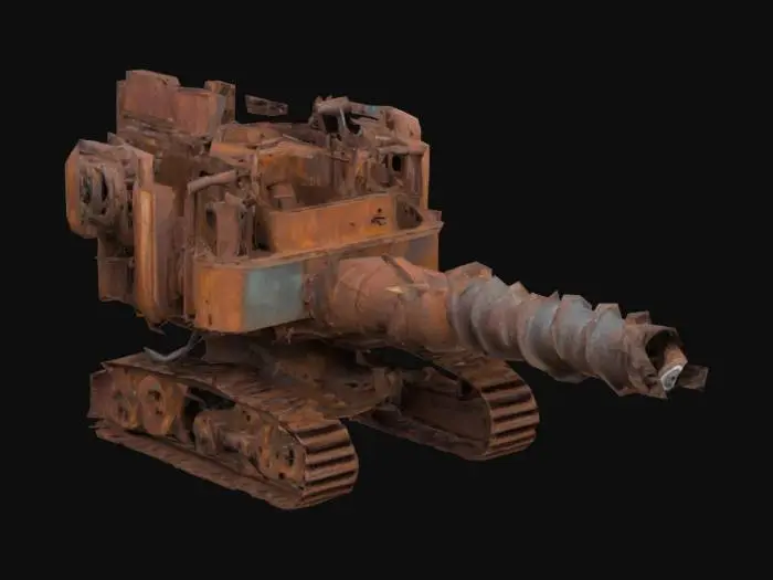 3D model for A large rusty machine with a huge drill on the bottom.