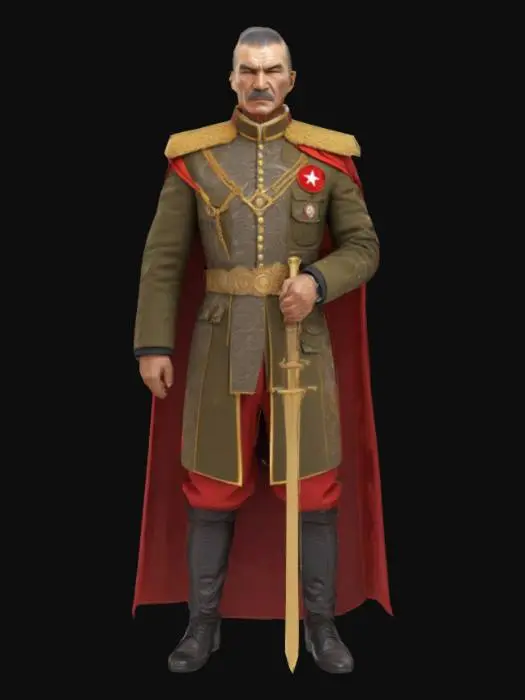 3D model for A powerful, mythological version of **Mustafa Kemal Atatürk**, inspired by his leadership and revolutionary spirit. The character is dressed in a modernized military uniform with intricate patterns reflecting Turkish culture and history. He holds a **golden sword** symbolizing his leadership and vision, and his stance exudes confidence and strength. The character has a noble expression, with a prominent mustache and a strong, charismatic presence. The background features a futuristic **Turkish landscape**, with a blend of historical monuments and sleek, modern architecture. The model is rendered in **4K**, capturing Atatürk's legendary determination and the transformative power he brought to Turkey.

, #AroundTheWorld# #turkey#