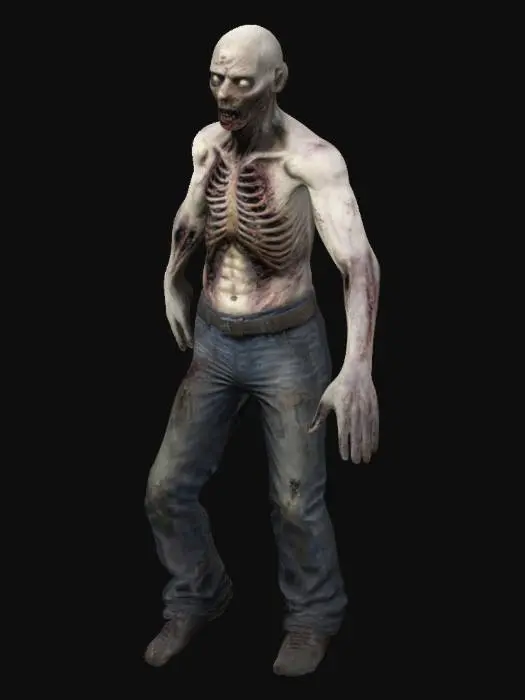 3D model for zombie , The walking dead , Game Assets, Highly Detailed, Ultra Realistic, Symmetrical Body, A-pose, Full Body, ARMS AWAY FROM THE BODY , 180 cm tall, bold , detailed face , no hair , no fur , LOL , game , no gun , no gun holder , no belt , no coat , skin only ,no face hair , no face fur