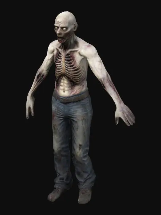 3D model for zombie , The walking dead , Game Assets, Highly Detailed, Ultra Realistic, Symmetrical Body, A-pose, Full Body, ARMS AWAY FROM THE BODY , 180 cm tall, bold , detailed face , no hair , no fur , LOL , game , no gun , no gun holder , no belt , no coat , skin only ,no face hair , no face fur