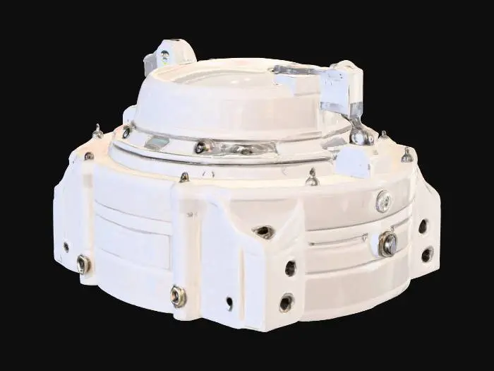 3D model for A sealed magnetic hatch with biometric locking latches and pressure-tight bolts, retro-futuristic, sci-fi security equipment, sterile finish