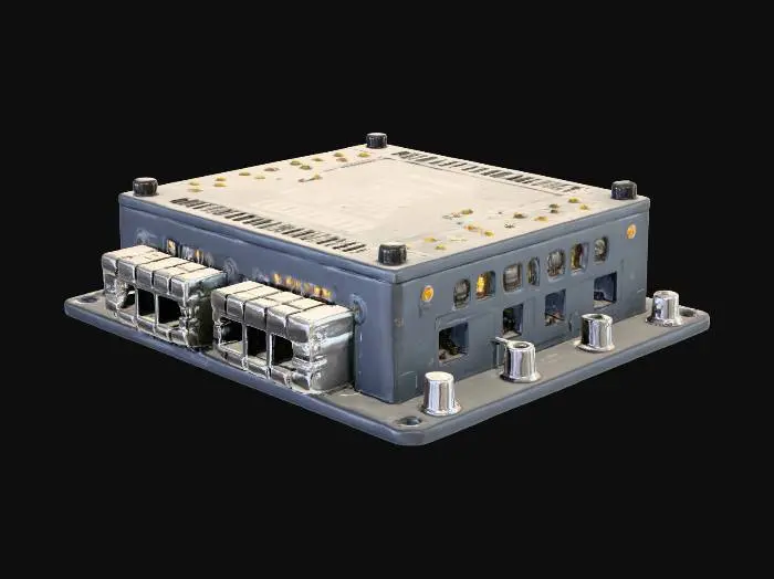 3D model for A modular circuit relay node, featuring a distinct retro-futuristic design with a corporate tech aesthetic. Its sturdy, high-poly casing appears to be made of a polished, dark gray composite material, accented by various labeled ports and connectors. Numerous small, translucent diagnostic LEDs are strategically placed, some emitting a subtle, rhythmic blink, suggesting active data flow. The texture is smooth, with finely etched labels beside each port, indicating a blend of practical functionality and sophisticated, almost futuristic, industrial design.
