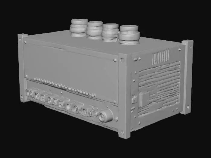 3D model for A modular circuit relay node with blinking diagnostics LEDs and labeled ports, retro-futuristic design, corporate tech,