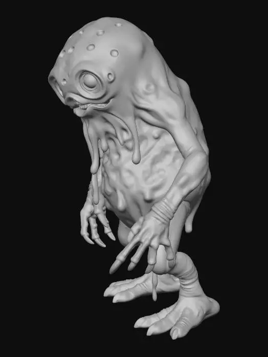 3D model for toxic smog monster with amorphous sludge body, dripping tar-like textures, asymmetrical silhouette, glowing acidic eyes, thick rounded limbs, soft vinyl toy proportions, oversized head and stubby legs, surface looks melted and organic, industrial pollution theme, matte rubbery finish with glossy slime accents