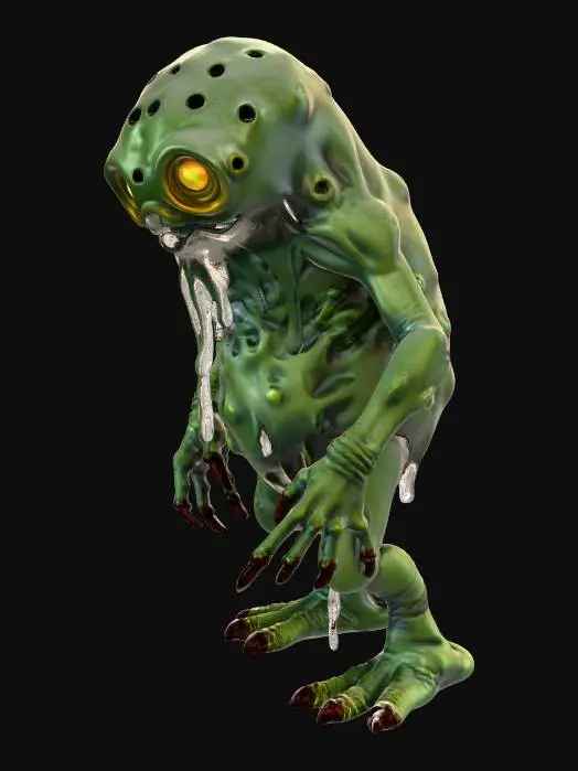 3D model for toxic smog monster with amorphous sludge body, dripping tar-like textures, asymmetrical silhouette, glowing acidic eyes, thick rounded limbs, soft vinyl toy proportions, oversized head and stubby legs, surface looks melted and organic, industrial pollution theme, matte rubbery finish with glossy slime accents