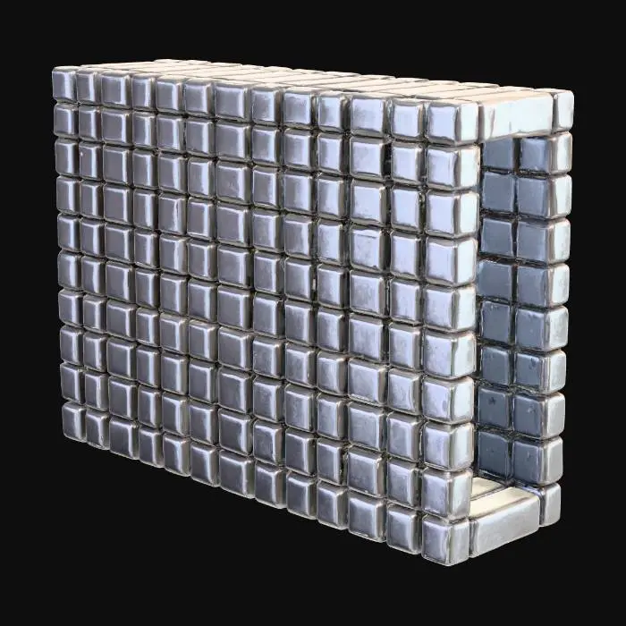 3D model for A high-tech thermal-insulation panel, exhibiting a distinctive retro-futuristic aesthetic and a robust high-poly construction. Its primary surface features a tightly integrated, highly reflective hex-grid pattern, rendered in a sleek metallic finish that suggests advanced engineering. The overall appearance is sci-fi industrial, with precise, sharp edges and a clean, almost mirror-like texture. Subtle variations in the reflective surface could hint at a dark silver or gunmetal gray color, emphasizing its durable and sophisticated material properties.