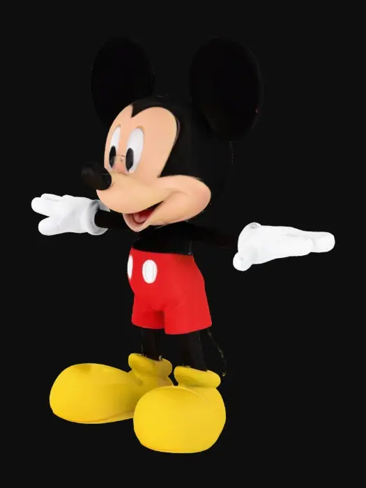 3D model for Mickey Mouse, red shorts, yellow shoes, white gloves, black tail, T-pose