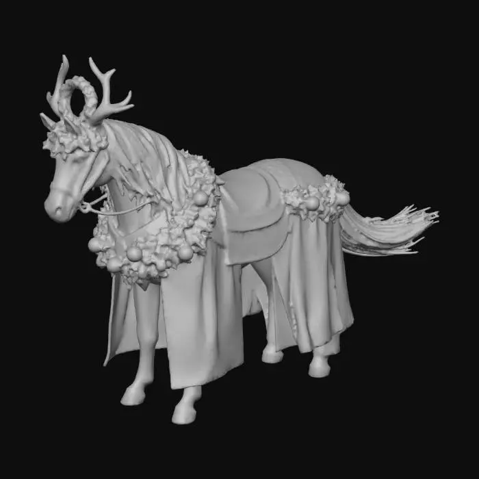 3D model for #Christmas2025#, A striking 3D model of a regal black warhorse, adorned for the holidays. Its head features impressive golden antlers and a lush green pine wreath studded with red berries. The horse's body is covered in a richly decorated barding: a sweeping red fabric with intricate gold patterns, lavishly draped with thick green pine garlands holding shiny red and gold baubles. Its black mane and tail are finely textured, capturing natural flow under festive, warm lighting.
