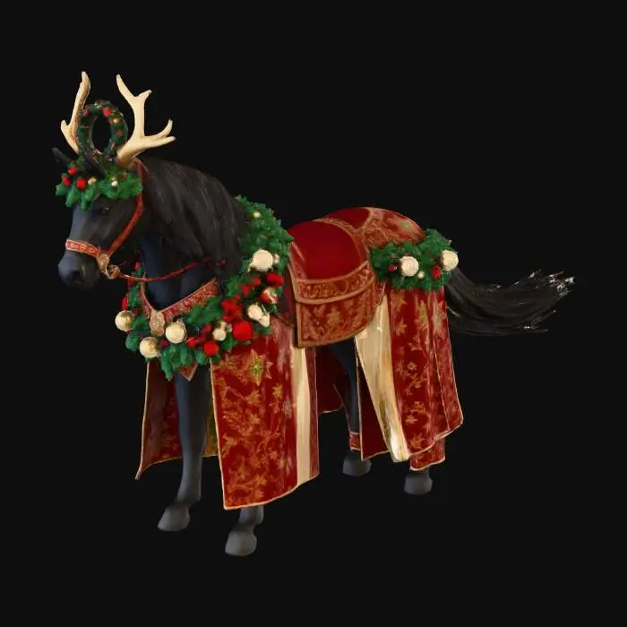 3D model for #Christmas2025#, A striking 3D model of a regal black warhorse, adorned for the holidays. Its head features impressive golden antlers and a lush green pine wreath studded with red berries. The horse's body is covered in a richly decorated barding: a sweeping red fabric with intricate gold patterns, lavishly draped with thick green pine garlands holding shiny red and gold baubles. Its black mane and tail are finely textured, capturing natural flow under festive, warm lighting.