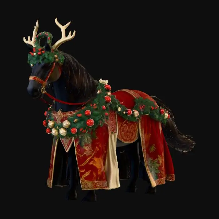 3D model for #Christmas2025#, A striking 3D model of a regal black warhorse, adorned for the holidays. Its head features impressive golden antlers and a lush green pine wreath studded with red berries. The horse's body is covered in a richly decorated barding: a sweeping red fabric with intricate gold patterns, lavishly draped with thick green pine garlands holding shiny red and gold baubles. Its black mane and tail are finely textured, capturing natural flow under festive, warm lighting.