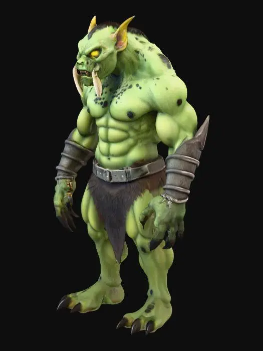3D model for A highly detailed fantasy monster model with a massive, muscular body and rough, pale green skin covered in dark green scales and black spots. It has a fierce face with glowing yellow eyes, sharp tusks, and pointed ears. The creature wears weathered silver wristbands and a dark brown fur loincloth with a metal belt. Its large hands and feet have sharp, dark claws, giving it a powerful and battle-ready appearance