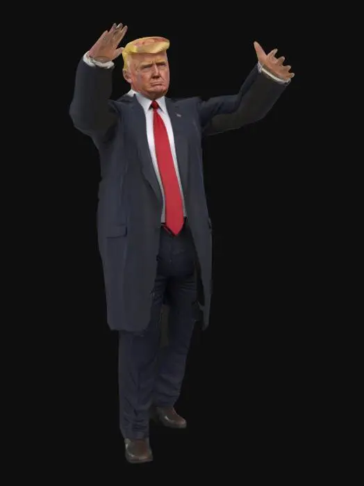 3D model for Realistic symmetrical Donald Trump, Doing T-Pose, arms out to sides. 4K unlit texture, clean UVs, no texture bleeding, optimized for AAA game.
