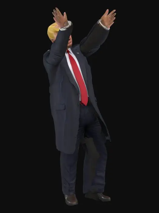 3D model for Realistic symmetrical Donald Trump, Doing T-Pose, arms out to sides. 4K unlit texture, clean UVs, no texture bleeding, optimized for AAA game.