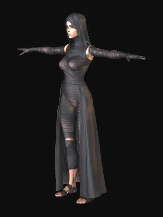 3D model for female beautiful mummy girl with a beautiful seducing face. Dark bandages are wrapped around her body and covering her. Standing in T-pose.