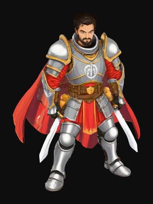 3D model for Generate a 64-bit retro pixel art character inspired by both classic JRPGs like Final Fantasy and American fantasy RPGs like Ultima, Daggerfall, and Castlevania. The character should have a neutral stance with arms down at their sides, detailed hands and arms, and wear intricately designed plate armor with gold trim and regalia. They should have short, dark black, slightly messy curls, a nappy texture to the hair, a light brown African-American skin tone, and a cloak for a bit of extra flair. Add a short-length black haired goatee focused beard for an experienced, grizzled, veteran look on the face. Remove any environmental details. Create a transparent background for template usage.