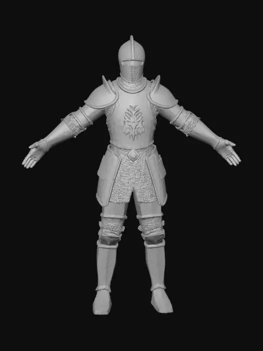 3D model for A formidable medieval guard knight is armored in darkened, tempered steel, subtly accented with aged and bronze rusting gold leaf on the gorget and vambraces, reflecting an ancient, extremely worn Byzantine aesthetic. A deep ochre-leather-colored, textured linen tunic peeks from beneath the smooth metal. His robust medieval great helm helmet features a distinctive, segmented design and a metallic faceplate, emphasizing a vigilant, powerful posture while completely obscuring any facial features.