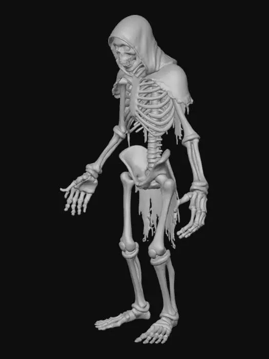 3D model for A highly detailed, photorealistic high-poly fantasy skeleton draugr model, posed in a neutral T-pose. Its ancient bones exhibit a weathered texture. It has remnants of an ancient iron hauberk and tattered leather tunic that have long since become rags. A nordic spangehelm is on its head. the eyes are glowing blue