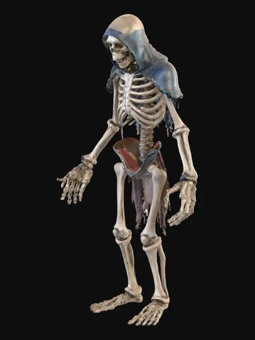 3D model for A highly detailed, photorealistic high-poly fantasy skeleton draugr model, posed in a neutral T-pose. Its ancient bones exhibit a weathered texture. It has remnants of an ancient iron hauberk and tattered leather tunic that have long since become rags. A nordic spangehelm is on its head. the eyes are glowing blue