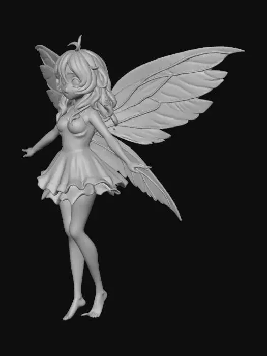 3D model for A delicate pixie fairy model, embodying a lithe and graceful form with slender limbs. Its skin shimmers with an iridescent sheen, reflecting subtle hues of pearl and rose. Translucent, gossamer wings, reminiscent of dragonfly wings, sprout from its back, detailed with fine, intricate venation. Its hair, a vibrant cascade of emerald or sapphire, frames a tiny, expressive face, often with sparkling eyes and a hint of mischievous wonder. The overall texture is smooth and ethereal.