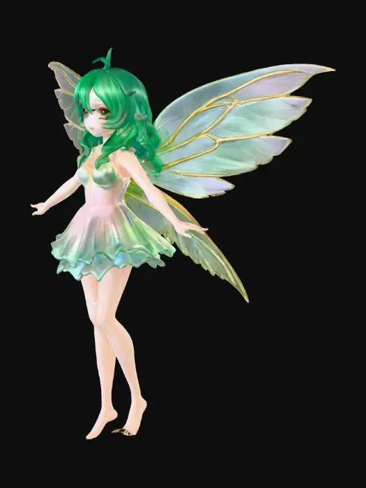 3D model for A delicate pixie fairy model, embodying a lithe and graceful form with slender limbs. Its skin shimmers with an iridescent sheen, reflecting subtle hues of pearl and rose. Translucent, gossamer wings, reminiscent of dragonfly wings, sprout from its back, detailed with fine, intricate venation. Its hair, a vibrant cascade of emerald or sapphire, frames a tiny, expressive face, often with sparkling eyes and a hint of mischievous wonder. The overall texture is smooth and ethereal.