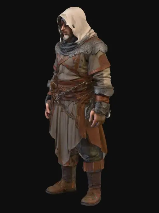 3D model for A T-posed human bandit figure, embodying a dark medieval fantasy aesthetic, stands with a menacing, lean frame. His attire is a testament to survival: a heavily rusted, dark grey chainmail piece clings to one shoulder, while the other is protected by uneven, scarred brown leather segments. Beneath, a filthy, coarse grey padded tunic is visible. A deep, torn hood conceals much of his expression, revealing only glimpses of a heavily scarred countenance, and his exposed hands are rough and ready.
