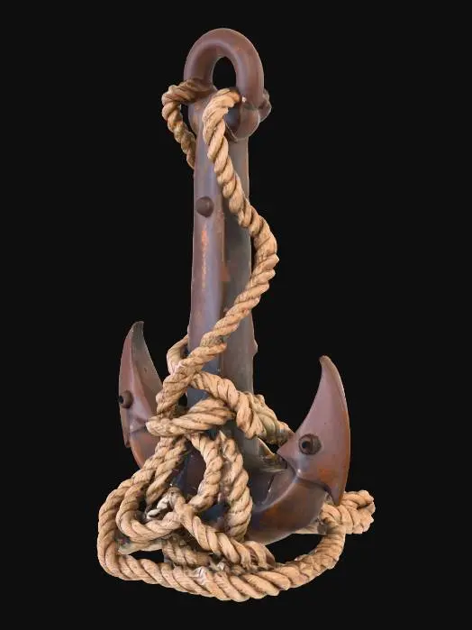 3D model for a pile of old weathered ropes ending in an old rusty anchor leaning on to them