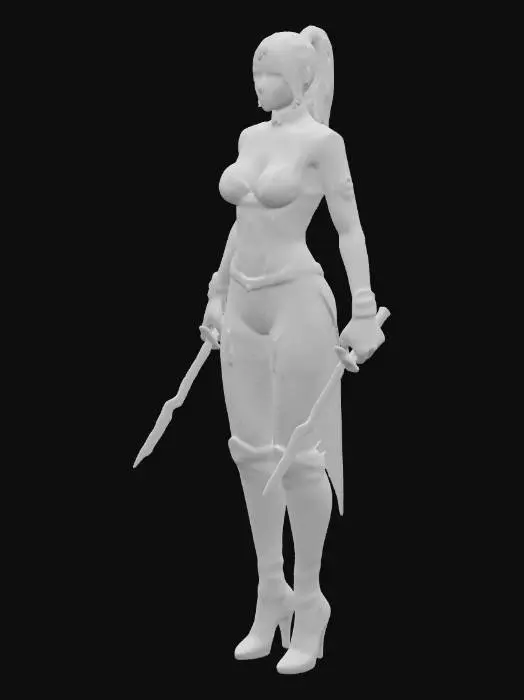 3D model for Женский персонаж в стиле Prime Wordl. стройная и ловкая, На ней тёмный шелковый костюм. Корсет и лёгкие наручи, высокие кожаные сапоги. В руках — два кинжала. Фон темный, прорисовка. полный рост ноги расставлены .фентези