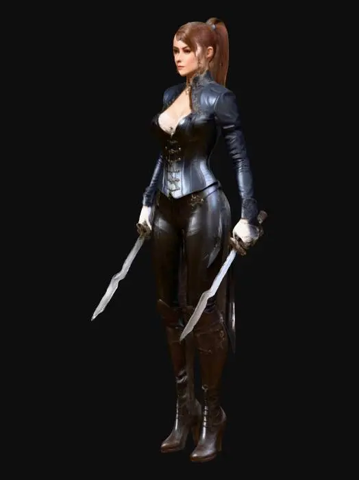 3D model for Женский персонаж в стиле Prime Wordl. стройная и ловкая, На ней тёмный шелковый костюм. Корсет и лёгкие наручи, высокие кожаные сапоги. В руках — два кинжала. Фон темный, прорисовка. полный рост ноги расставлены .фентези