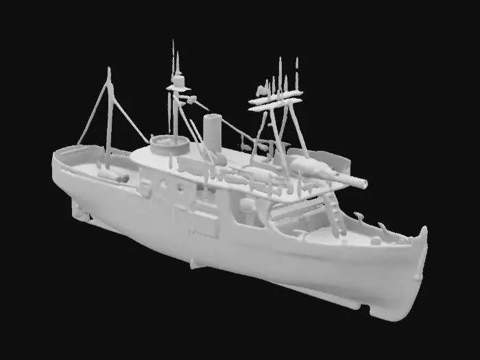3D model for Generate a detailed post-apocalyptic ship designed for human habitation. The ship resembles a larger fishing vessel, moderately sized, with a machine gun mounted at the front. It features an open deck area and an underdeck living zone. The design should emphasize ruggedness and functionality, with a weathered, survivalist aesthetic, reflecting its use in a harsh, dystopian world.
