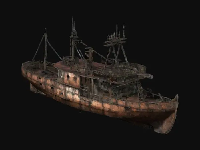 3D model for Generate a detailed post-apocalyptic ship designed for human habitation. The ship resembles a larger fishing vessel, moderately sized, with a machine gun mounted at the front. It features an open deck area and an underdeck living zone. The design should emphasize ruggedness and functionality, with a weathered, survivalist aesthetic, reflecting its use in a harsh, dystopian world.
