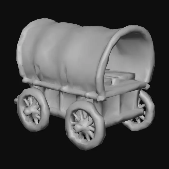 3D model for old caravan, 4 wheels, rug pulled over the top, wooden, medieval, storage, boxes, old times, primitive