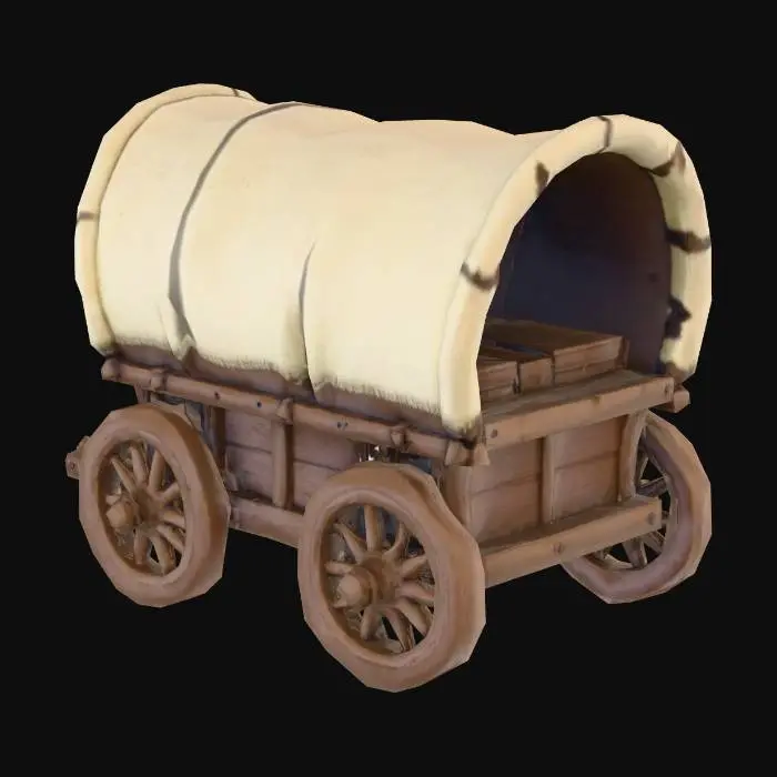 3D model for old caravan, 4 wheels, rug pulled over the top, wooden, medieval, storage, boxes, old times, primitive