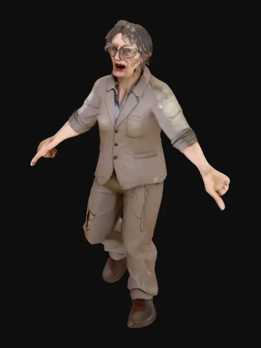 3D model for A realistic full-body 3D model of a terrifying teacher in T-pose, optimized for game engines. Low-poly topology (under 20k faces), clean UV mapping, PBR textures. The teacher looks unsettling and horror-like: pale skin, sunken eyes with dark circles, cracked glasses, messy unkempt hair. Wears a dirty and worn-out teacher outfit (shirt, tie, jacket, trousers), with stains and tears. The expression is sinister, with an unnaturally wide grin, making him look disturbing and threatening. Designed for a realistic horror video game, game-ready for Unity rigging and animation.