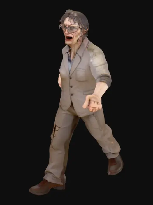 3D model for A realistic full-body 3D model of a terrifying teacher in T-pose, optimized for game engines. Low-poly topology (under 20k faces), clean UV mapping, PBR textures. The teacher looks unsettling and horror-like: pale skin, sunken eyes with dark circles, cracked glasses, messy unkempt hair. Wears a dirty and worn-out teacher outfit (shirt, tie, jacket, trousers), with stains and tears. The expression is sinister, with an unnaturally wide grin, making him look disturbing and threatening. Designed for a realistic horror video game, game-ready for Unity rigging and animation.