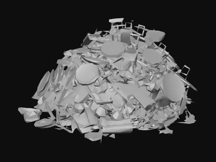 3D model for a pile of wreckage in a spaceship's cafeteria.  The pile contains twisted tables and chairs.  Trays and utensils are also scattered in the pile.