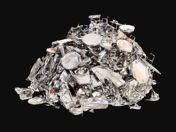 3D model for a pile of wreckage in a spaceship's cafeteria.  The pile contains twisted tables and chairs.  Trays and utensils are also scattered in the pile.