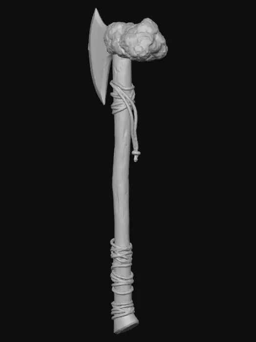 3D model for Prehistoric stone axe, wooden handle wrapped with leather strips, sharp flint stone head attached with rope, realistic texture, 4k