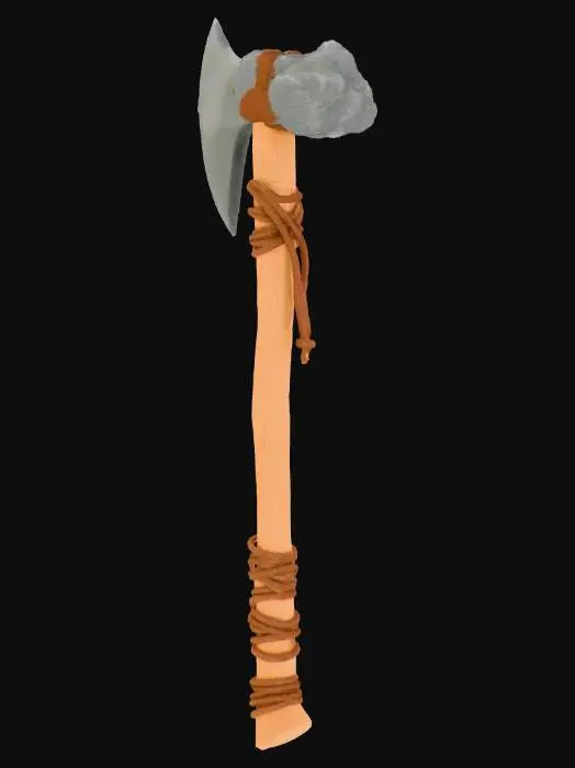3D model for Prehistoric stone axe, wooden handle wrapped with leather strips, sharp flint stone head attached with rope, realistic texture, 4k