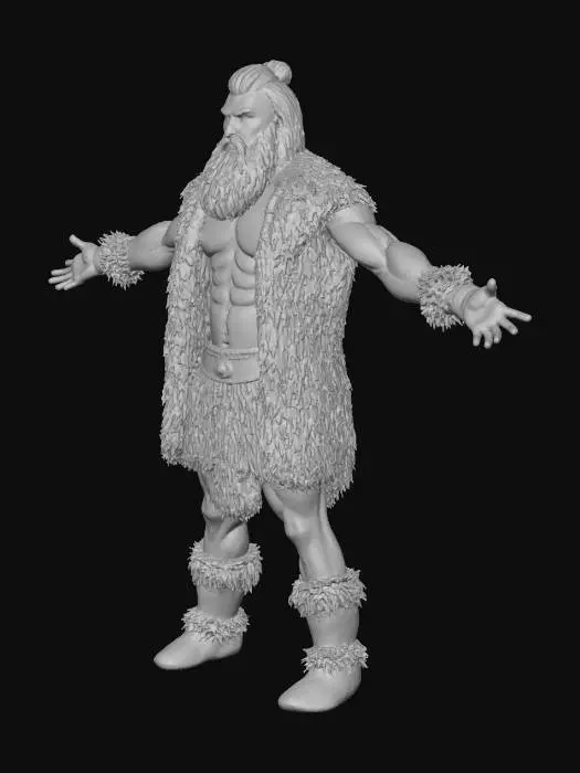 3D model for Primitive caveman warrior, wearing mammoth fur loincloth, muscular body, barefoot, wild hair and beard, standing in T-pose, arms spread wide open, legs apart, symmetrical, full body character, photorealistic.