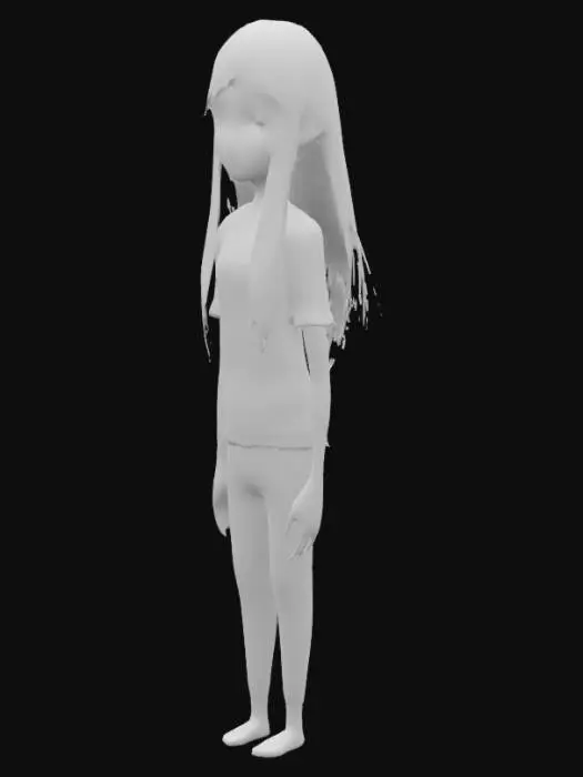 3D model for A 16-year-old girl with long, jet-black hair flowing over her shoulders, partially covering her pale face. Her almond-shaped eyes faintly glow, holding an unsettling mystery. She wears a fitted black t-shirt and dark pants, blending into the misty, shadowy background. Her eerie smile is neither warm nor comforting. Her skin appears smooth, almost ghostly under the dim, moody lighting. A soft mist swirls around, enhancing the cinematic and haunting atmosphere