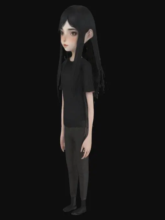 3D model for A 16-year-old girl with long, jet-black hair flowing over her shoulders, partially covering her pale face. Her almond-shaped eyes faintly glow, holding an unsettling mystery. She wears a fitted black t-shirt and dark pants, blending into the misty, shadowy background. Her eerie smile is neither warm nor comforting. Her skin appears smooth, almost ghostly under the dim, moody lighting. A soft mist swirls around, enhancing the cinematic and haunting atmosphere