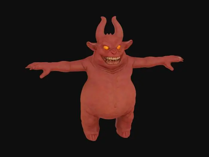 3D model for A fat, red-skinned demon in a T-pose, built for rigging, his face features a sly grin, arched brows, and multiple chin folds, His short legs end in hoof-like feet, red detailed skin, red horns, pointy ears, #game figure#
